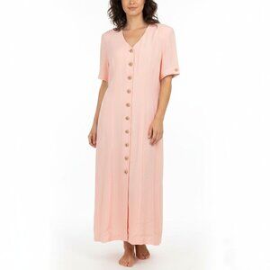 Vintage Sophisticate 80s Maxi Dress Short Sleeves Open Tie Back Button Down Slit